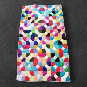 Vintage Hand Sewn Childs Colorful Patchwork Quilt Block color By Karen 66x39